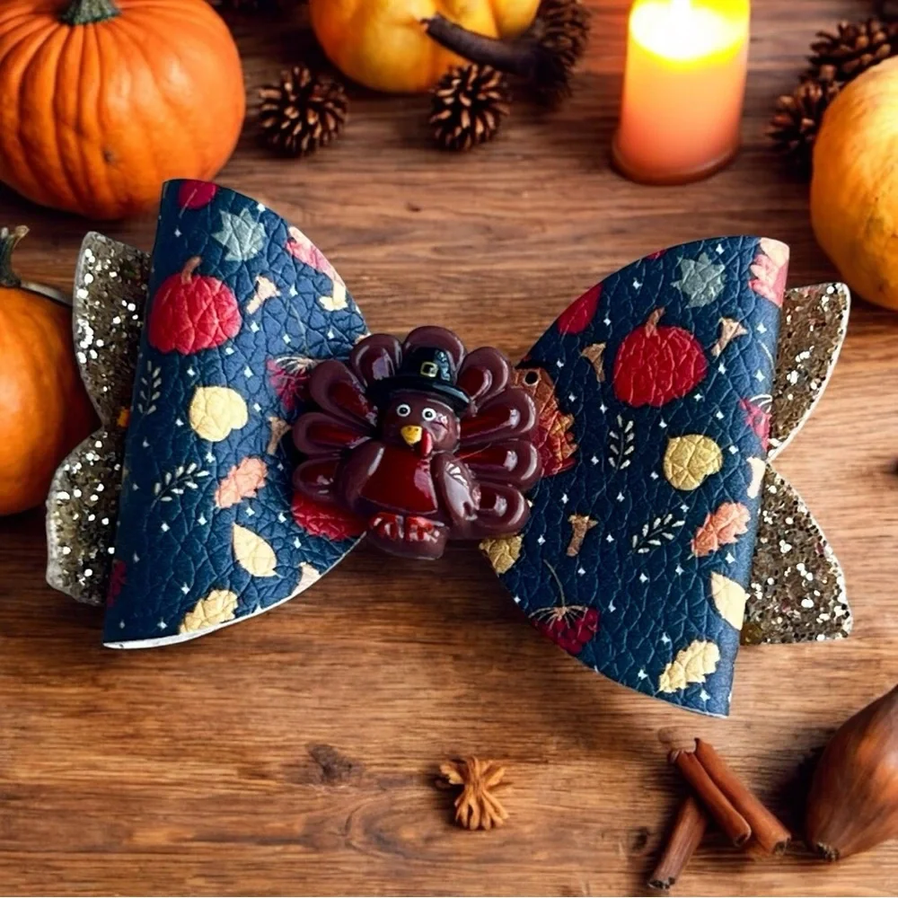 Turkey 🦃 pumpkin spice faux leather hair bow for kids